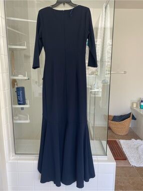 Adam Navy Three-Quarter Sleeve Flounce-Hem Maxi Dress
